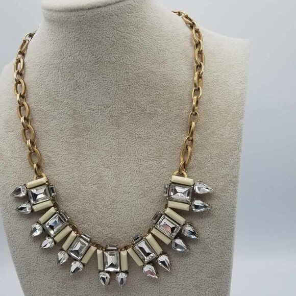 J Crew Clear Crystal White Stone Art Deco Necklace - Picture 10 of 12